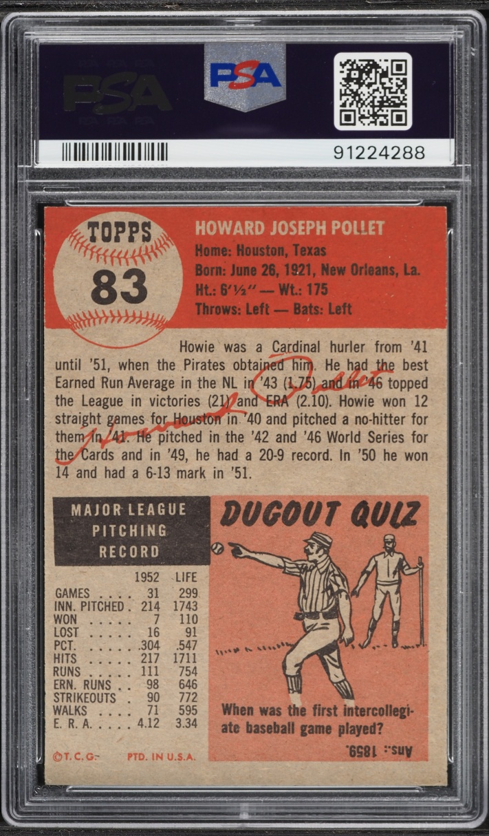1953 Topps Howie Pollet SHORT PRINT #83 PSA 6 EXMT
