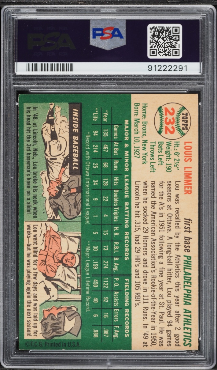 1954 Topps Lou Limmer #232 PSA 8 NM-MT
