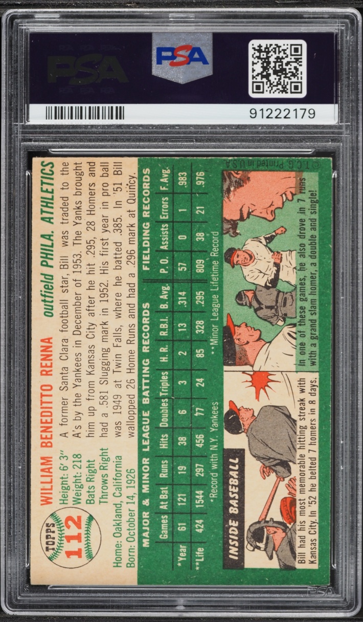 1954 Topps Bill Renna #112 PSA 6 EXMT