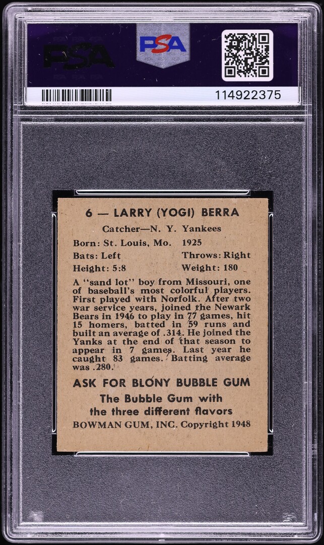 1948 Bowman Yogi Berra ROOKIE #6 PSA 6 EXMT