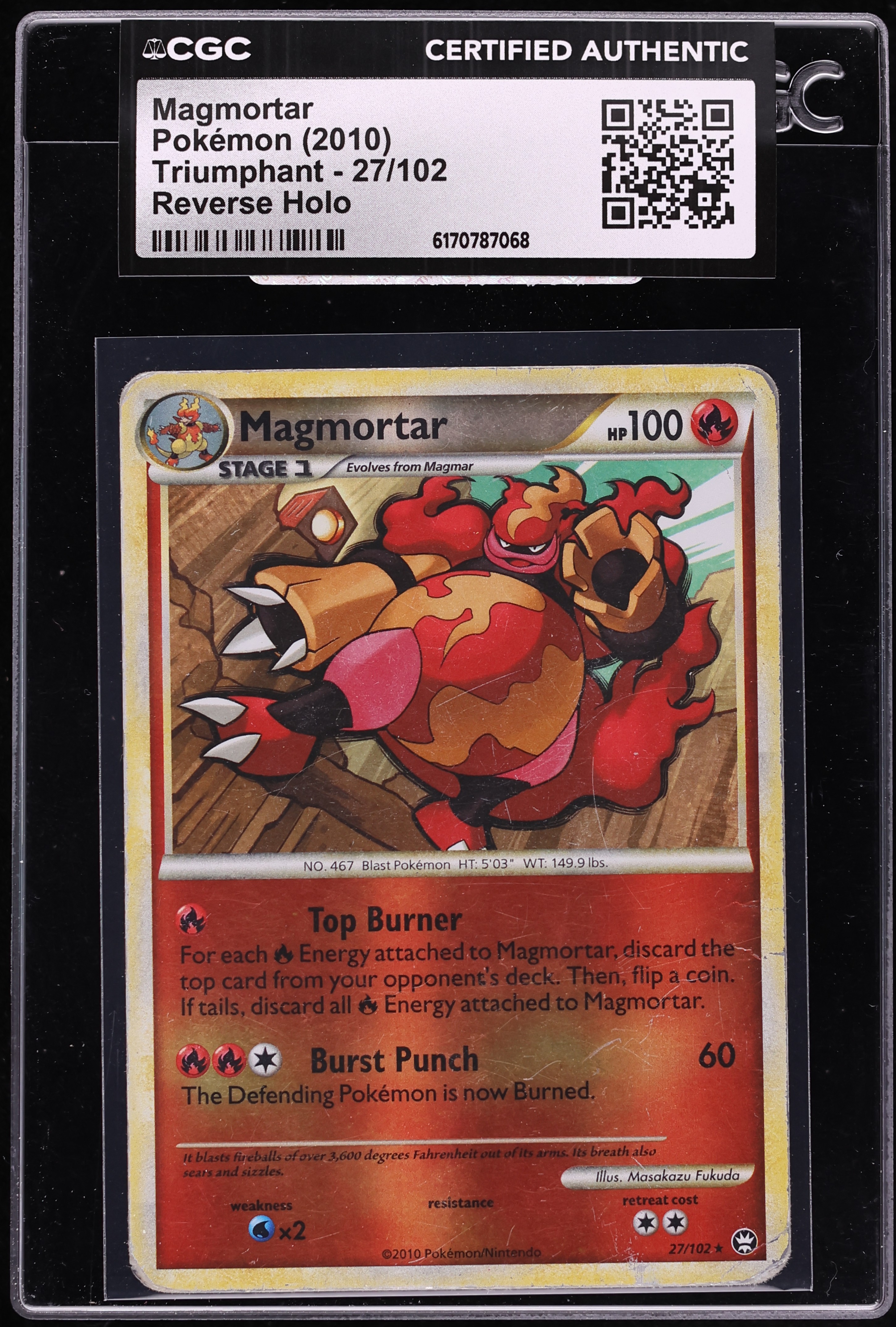 2010 Pokemon HeartGold & SoulSilver Triumphant Reverse Holo Magmortar #27 CGC AUTH
