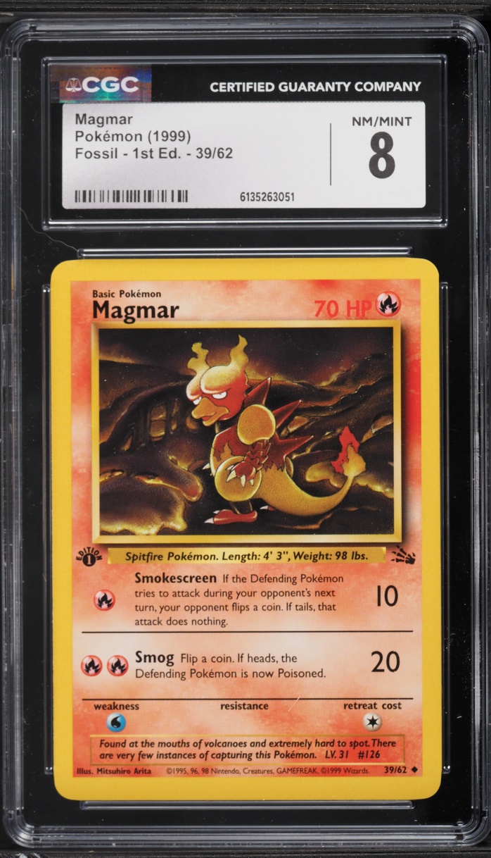 1999 Pokemon Fossil 1st Edition Magmar #39 CGC 8 NM-MT