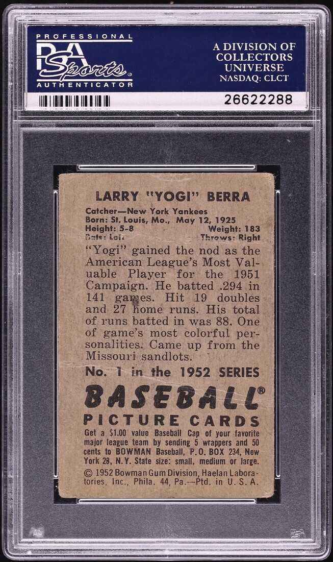 1952 Bowman Yogi Berra #1 PSA 1 PR