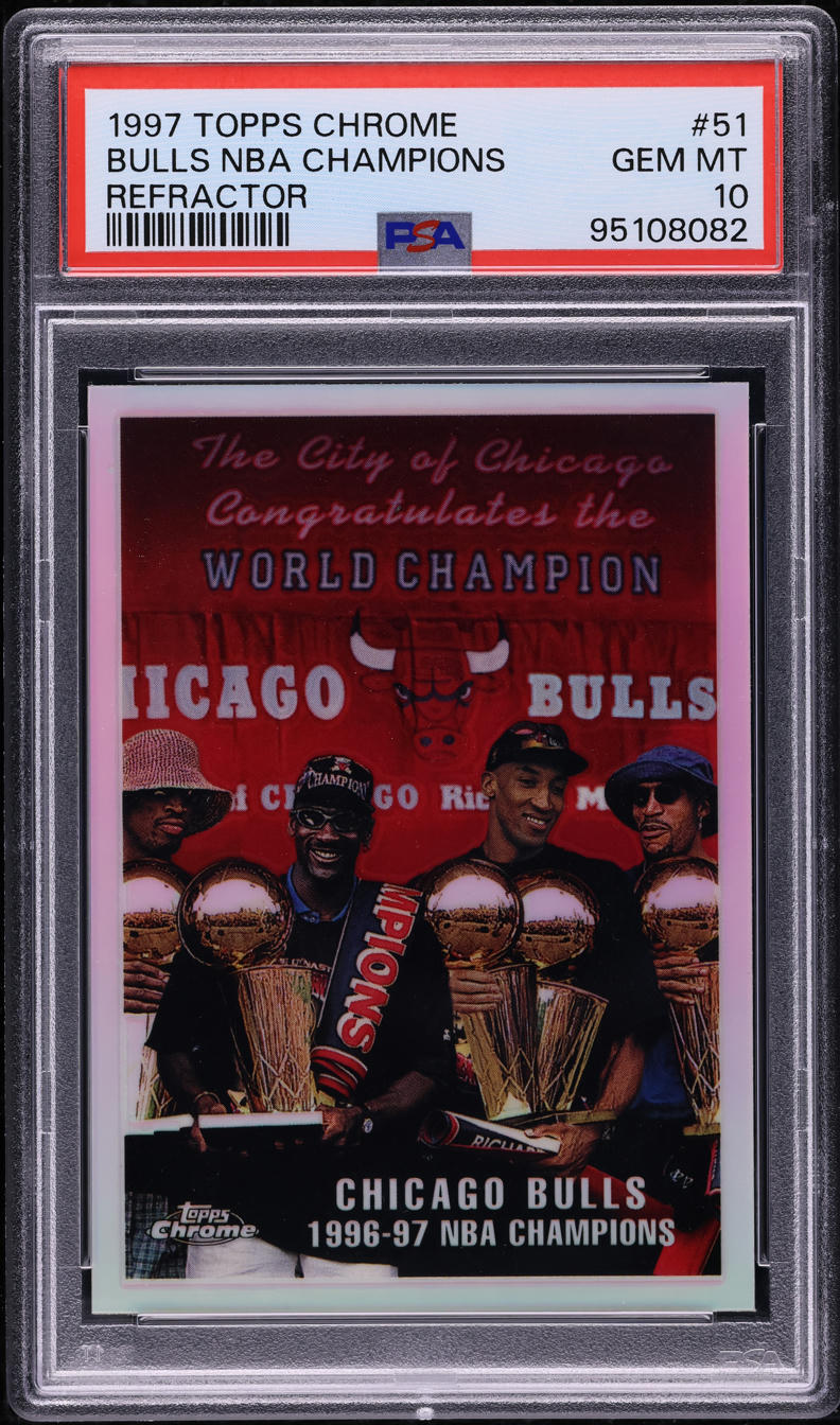 1997 Topps Chrome Refractor Bulls Champions w/ Michael Jordan #51 PSA 10 GEM
