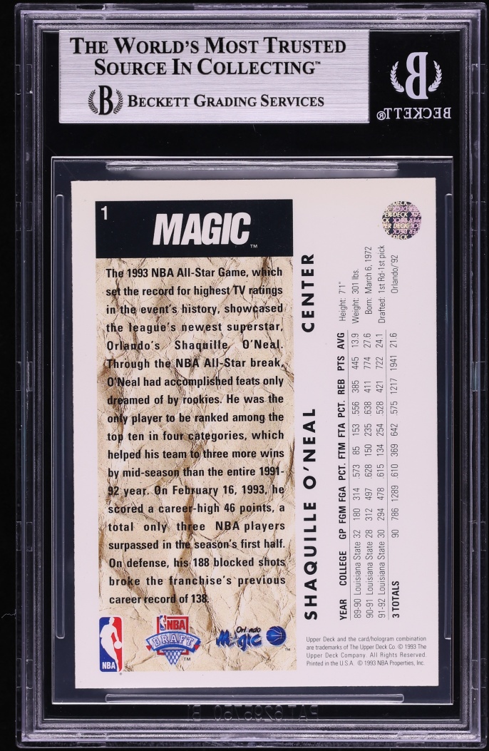 1992 Upper Deck Basketball Shaquille O'Neal ROOKIE #1 BAS BGS AUTH