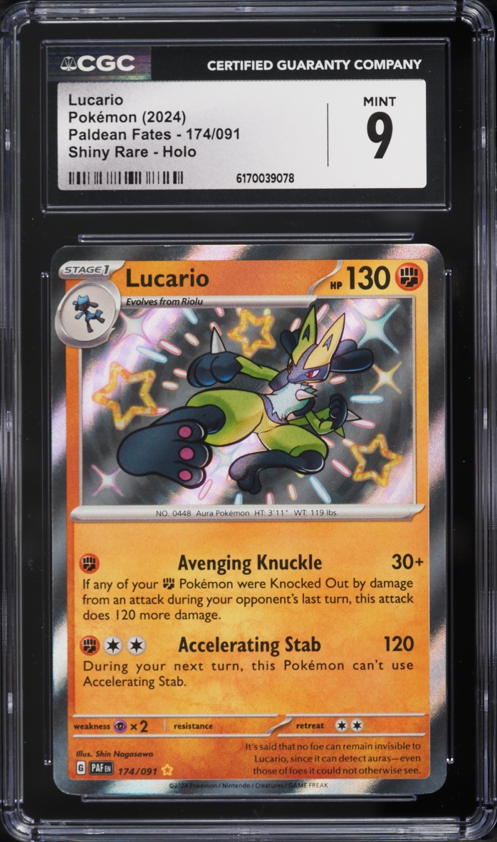 2024 Pokemon Scarlet & Violet Paldean Fates Shiny Rare Lucario #174 CGC 9 MINT