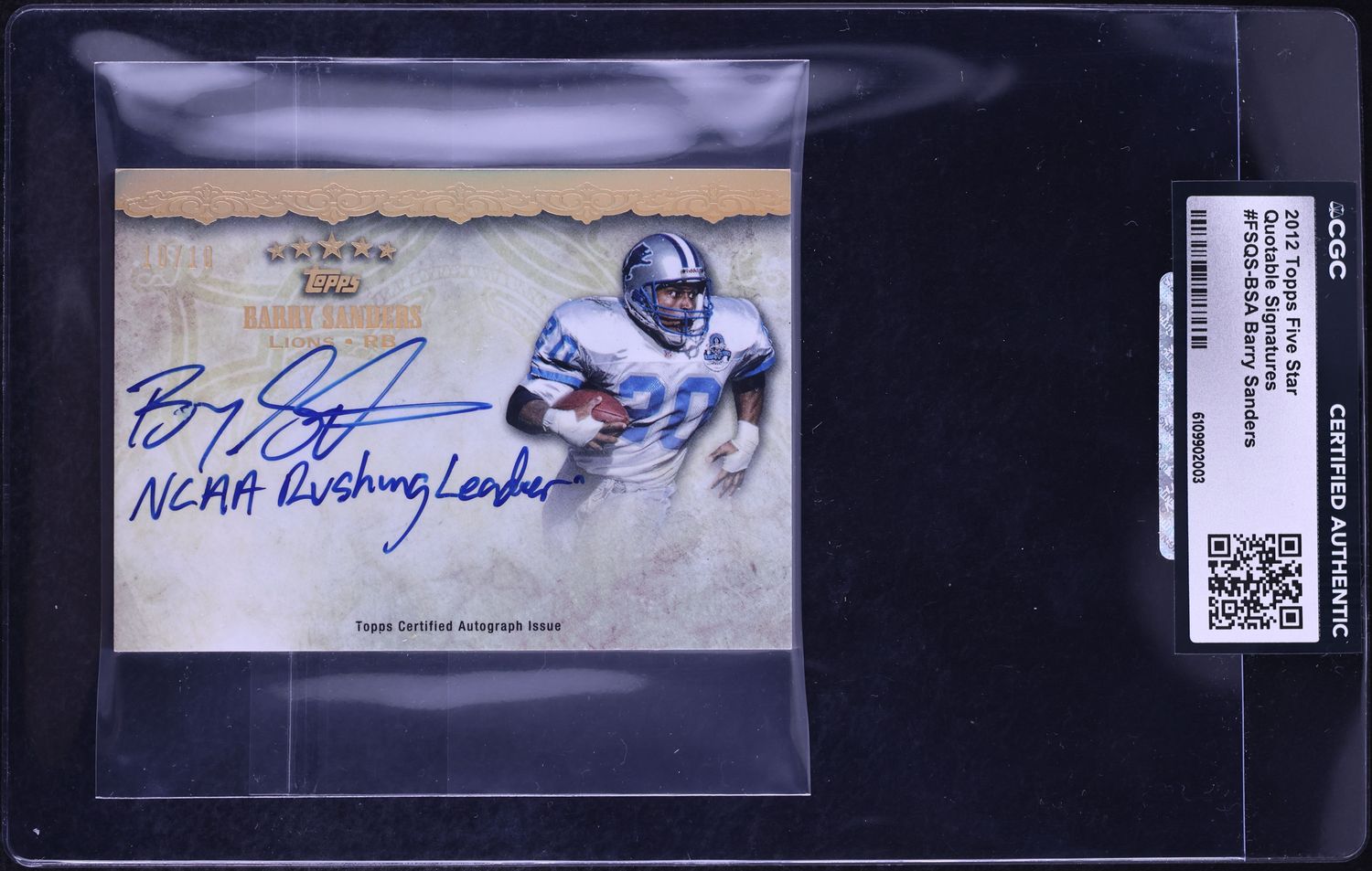 2012 Topps Five Star Quotable Barry Sanders AUTO 10/10 #FSQS-BSA CGC AUTH - Photo 1