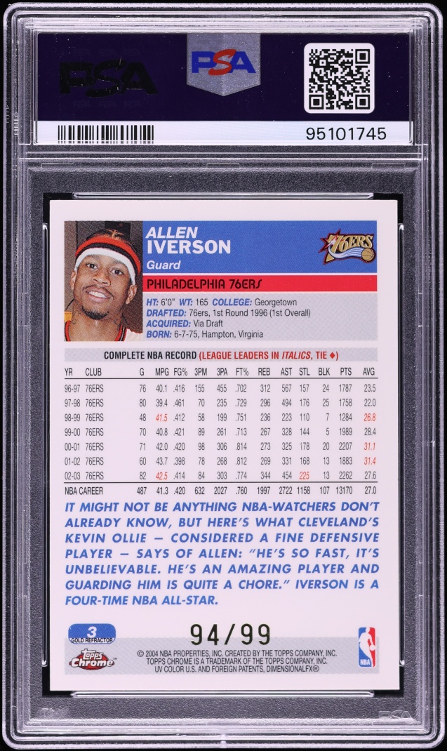 2003 Topps Chrome Gold Refractor Allen Iverson /99 #3 PSA 8 NM-MT