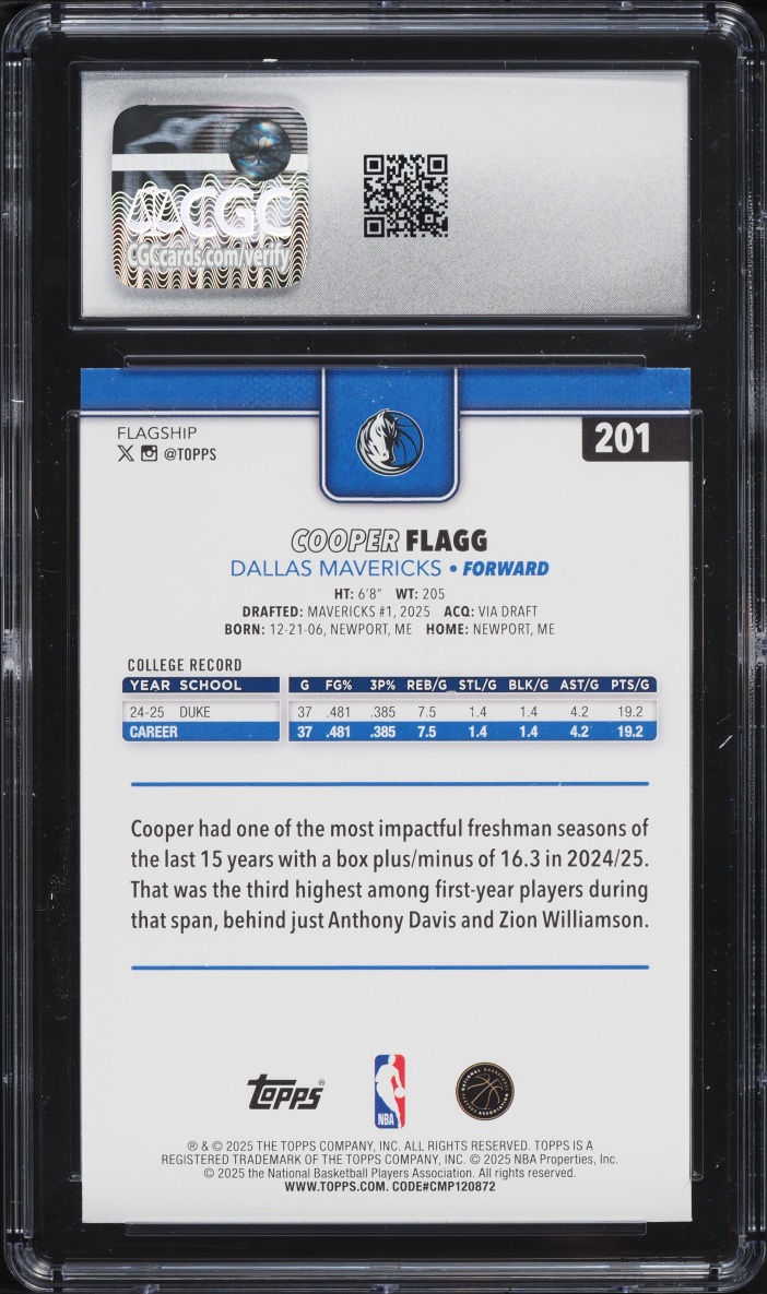 2025 Topps Basketball Cooper Flagg ROOKIE #201 CGC 8.5 NM-MT+
