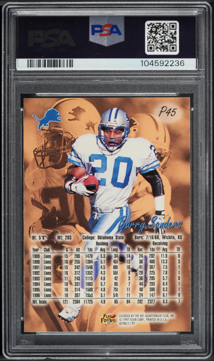 1997 Ultra Platinum Medallion Barry Sanders #P45 PSA 8 NM-MT
