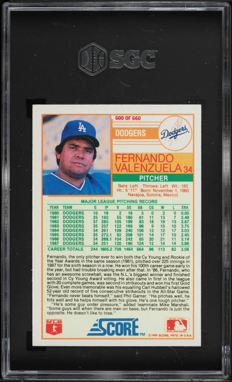 1988 Score Fernando Valenzuela #600 SGC 10 GEM MINT