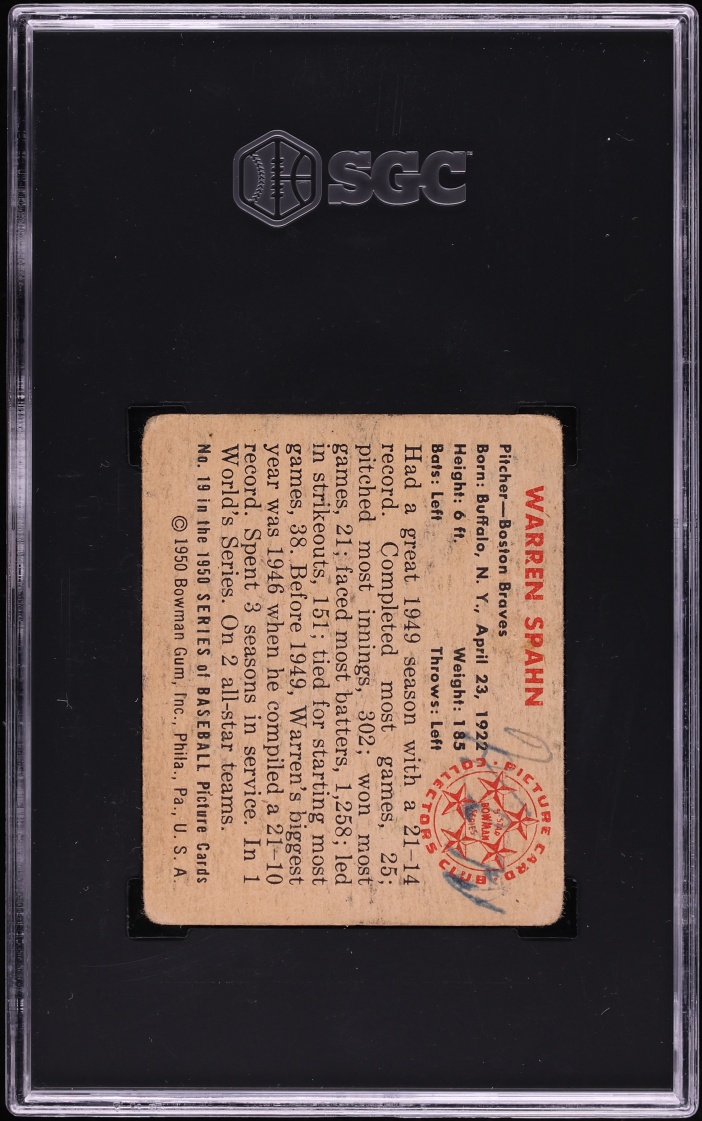 1950 Bowman Warren Spahn #19 SGC 1 PR