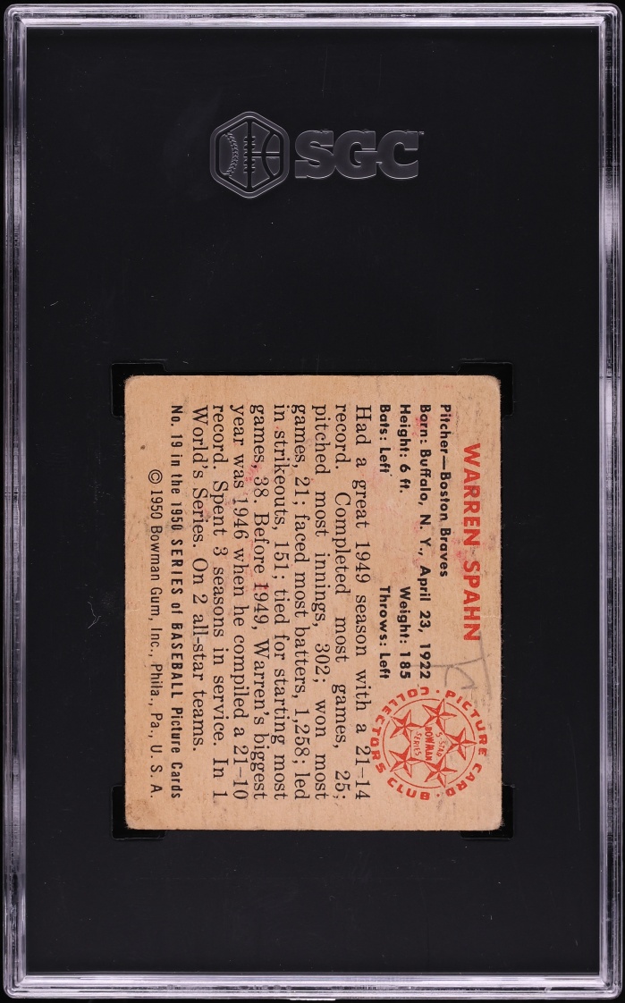 1950 Bowman Warren Spahn #19 SGC 1 PR