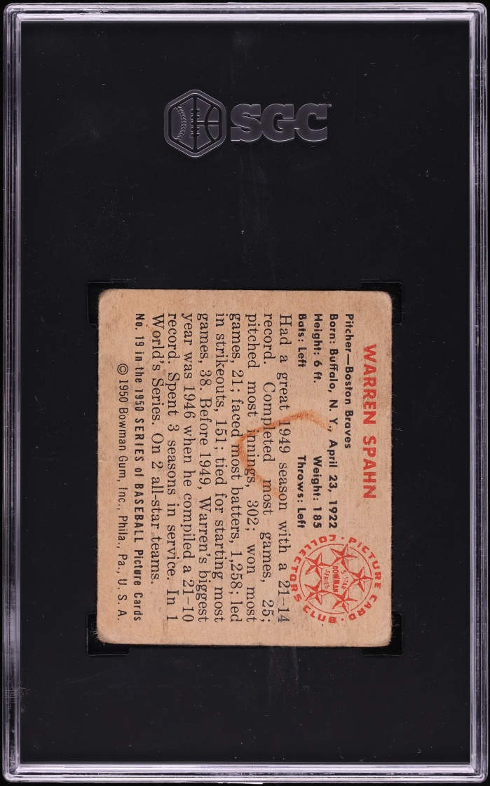 1950 Bowman Warren Spahn #19 SGC 1 PR