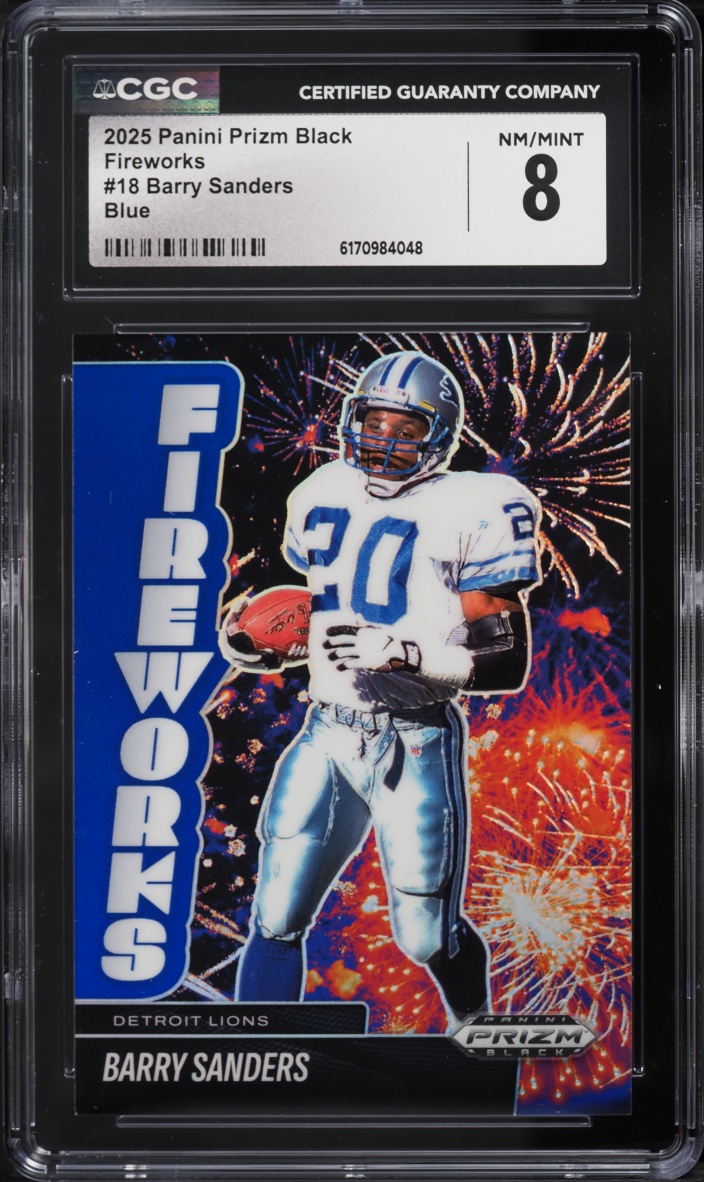 2025 Panini Prizm Black Fireworks Blue Barry Sanders /199 #18 CGC 8 NM-MT
