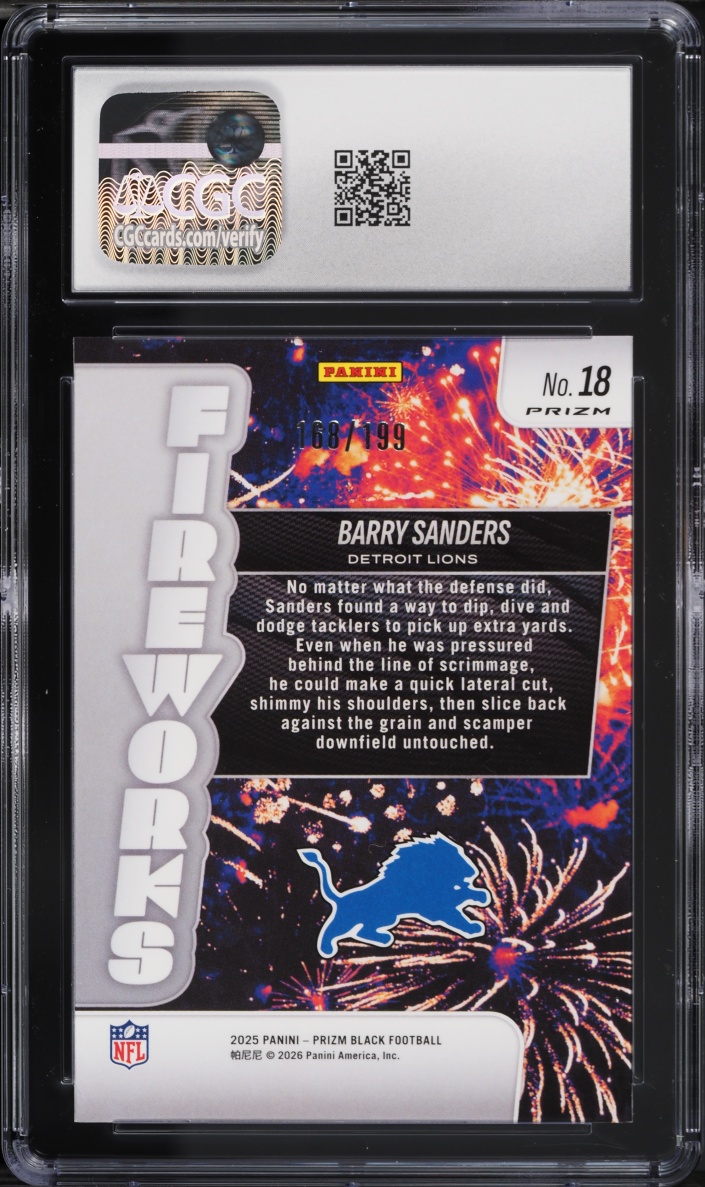 2025 Panini Prizm Black Fireworks Blue Barry Sanders /199 #18 CGC 8 NM-MT