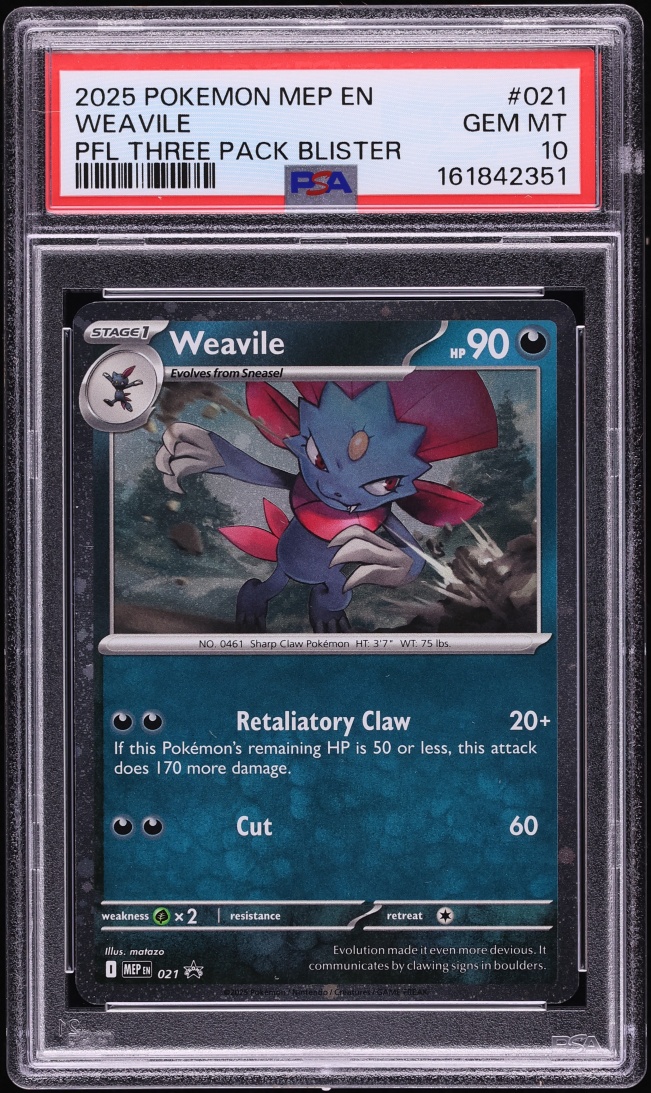 2025 Pokemon Mega Evolution Promo Phantasmal Flames Three Pack Blister Weavile #021 PSA 10 GEM