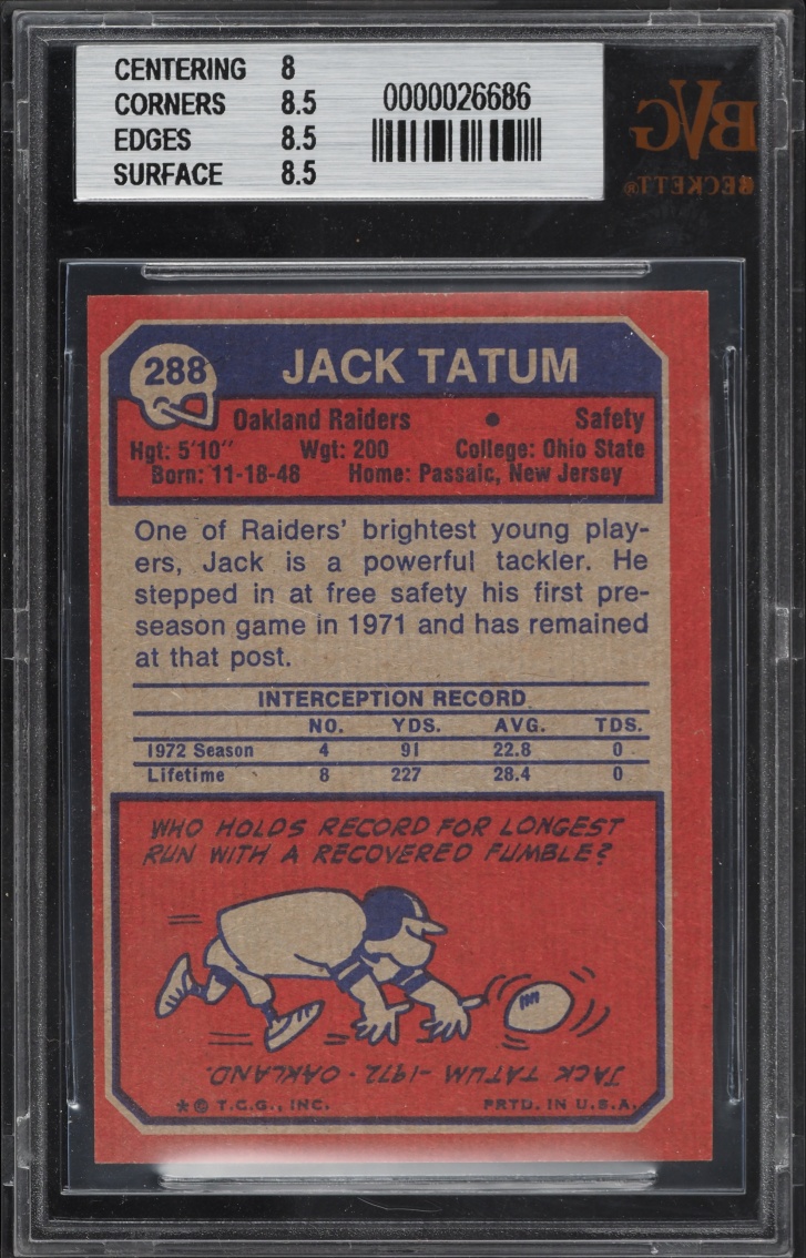 1973 Topps Football Jack Tatum ROOKIE #288 BVG 8.5 NM-MT+