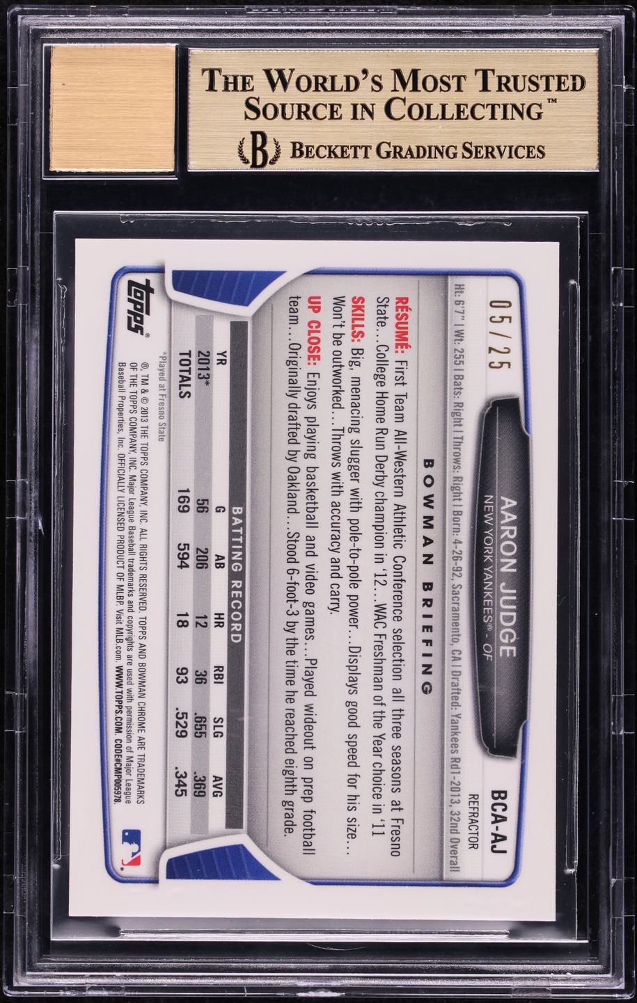 2013 Bowman Chrome Draft Orange Refractor Aaron Judge PROSPECT AUTO /25 BGS 10