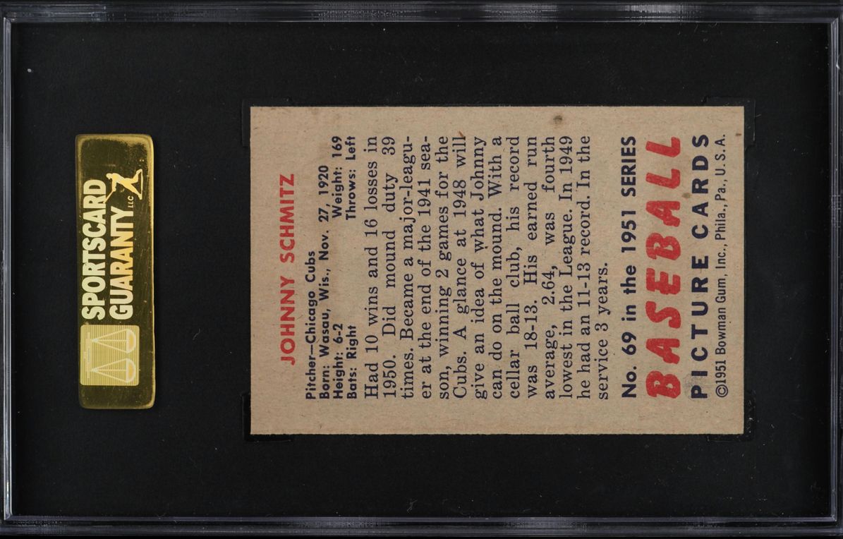 1951 Bowman Johnny Schmitz #69 SGC 7.5 NRMT+