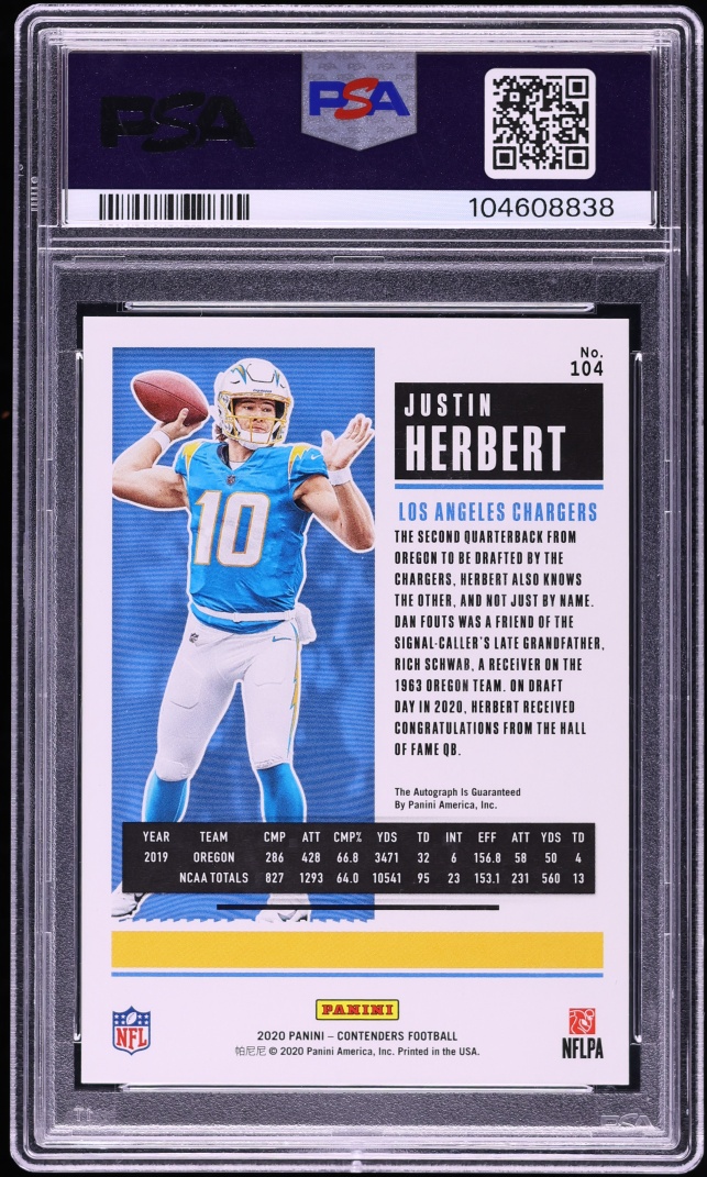 2020 Panini Contenders Justin Herbert ROOKIE AUTO DNA 10 #104 PSA 9 MINT