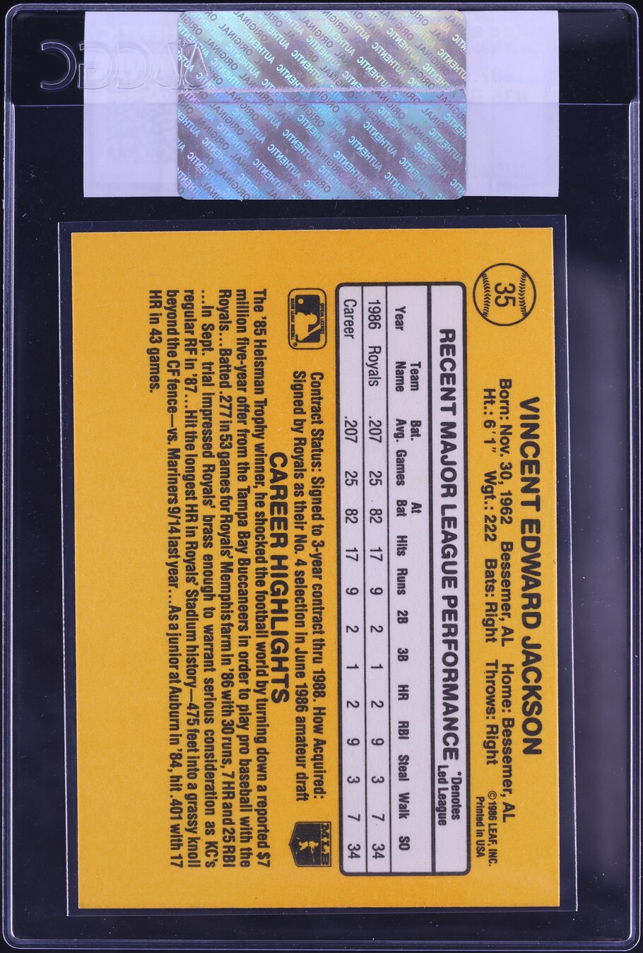 1987 Donruss Bo Jackson ROOKIE #35 CGC AUTH