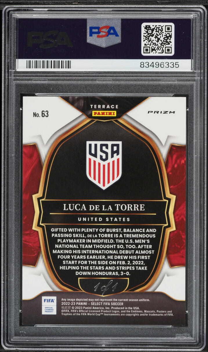 2022 Select FIFA Terrace Black Luca De La Torre ROOKIE 1/1 #63 PSA 10 GEM MINT