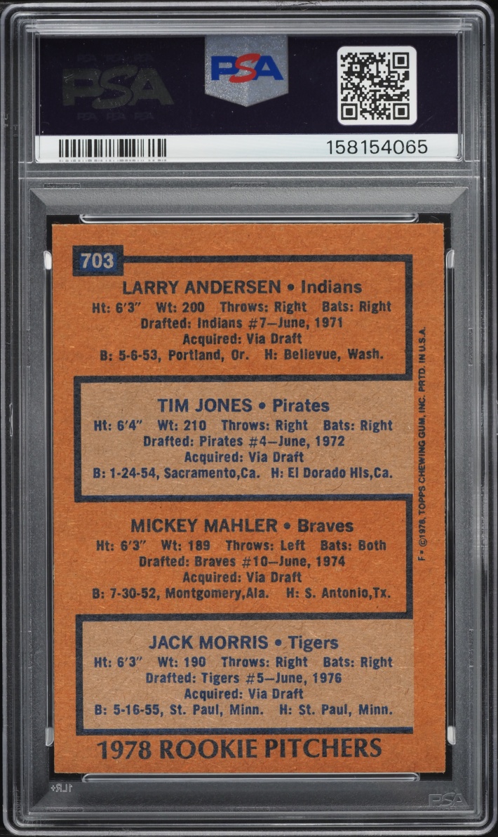 1978 Topps Jack Morris ROOKIE #703 PSA 9 MINT