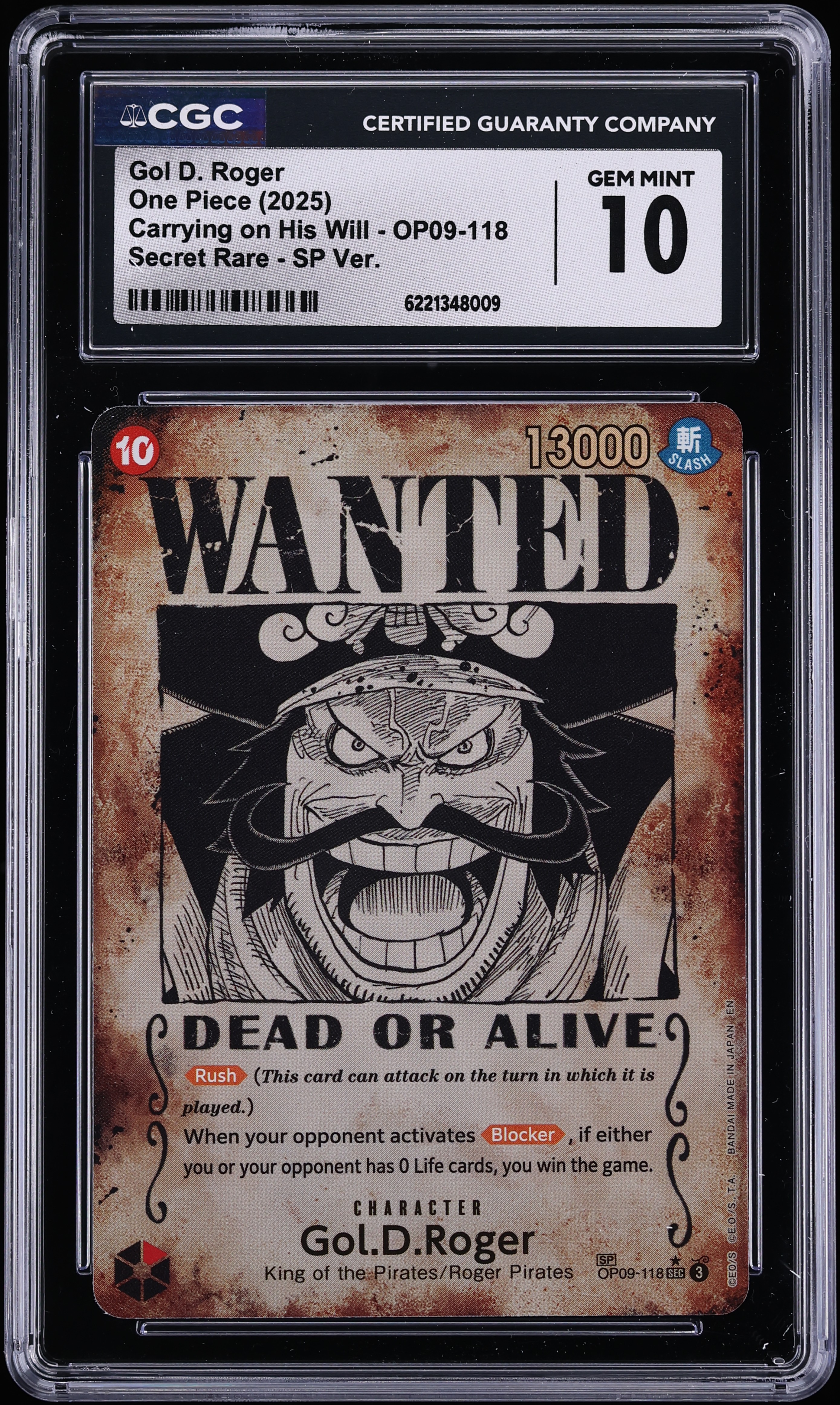 2025 One Piece Carrying On His Will Special Alt Art Gol D. Roger #OP09-118 CGC 10 GEM MINT