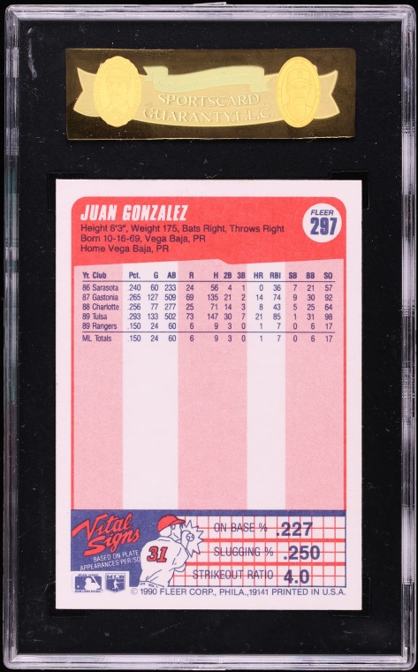 1990 Fleer Juan Gonzalez ROOKIE #297 SGC 8 NM-MT