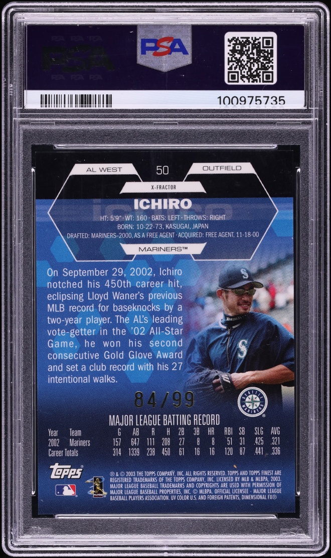 2003 Finest Xfractor Ichiro /99 #50 PSA 10 GEM MINT - Photo 2