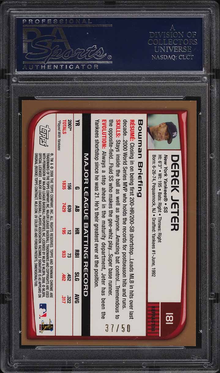 2008 Bowman Chrome Gold Refractor Derek Jeter /50 #181 PSA 9 MINT - Photo 2
