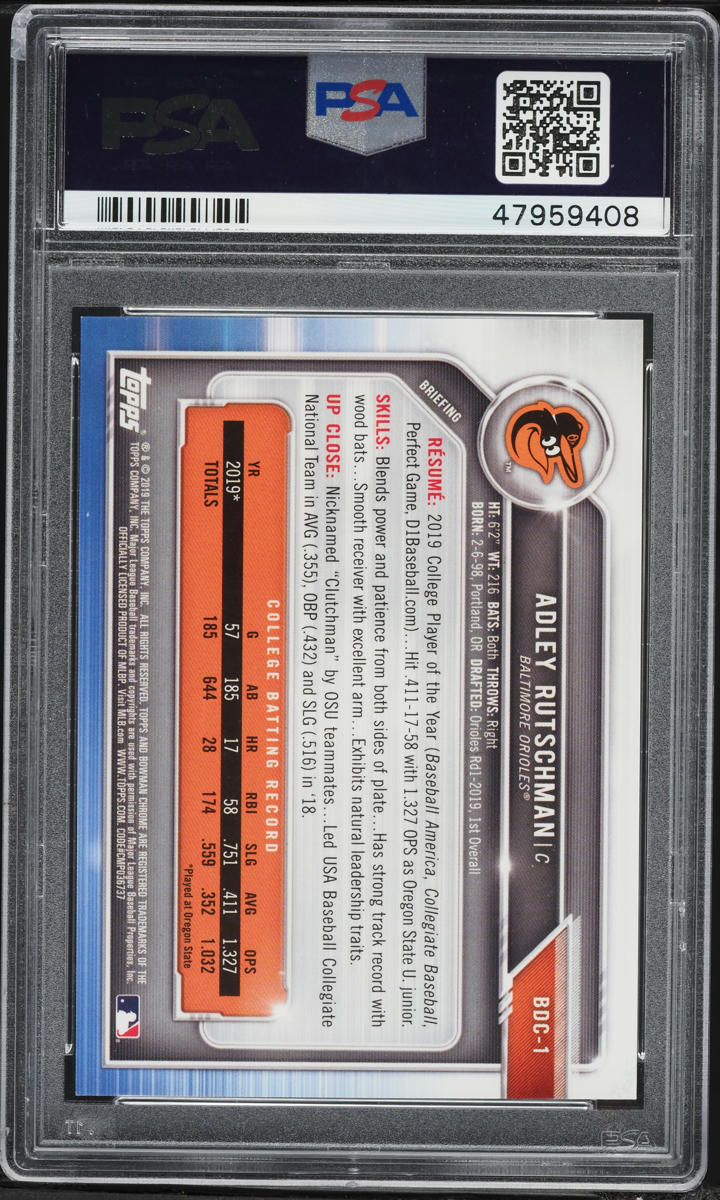 2019 Bowman Chrome Blue Refractor Adley Rutschman PROSPECT /150 #BDC1 PSA 10 GEM MINT