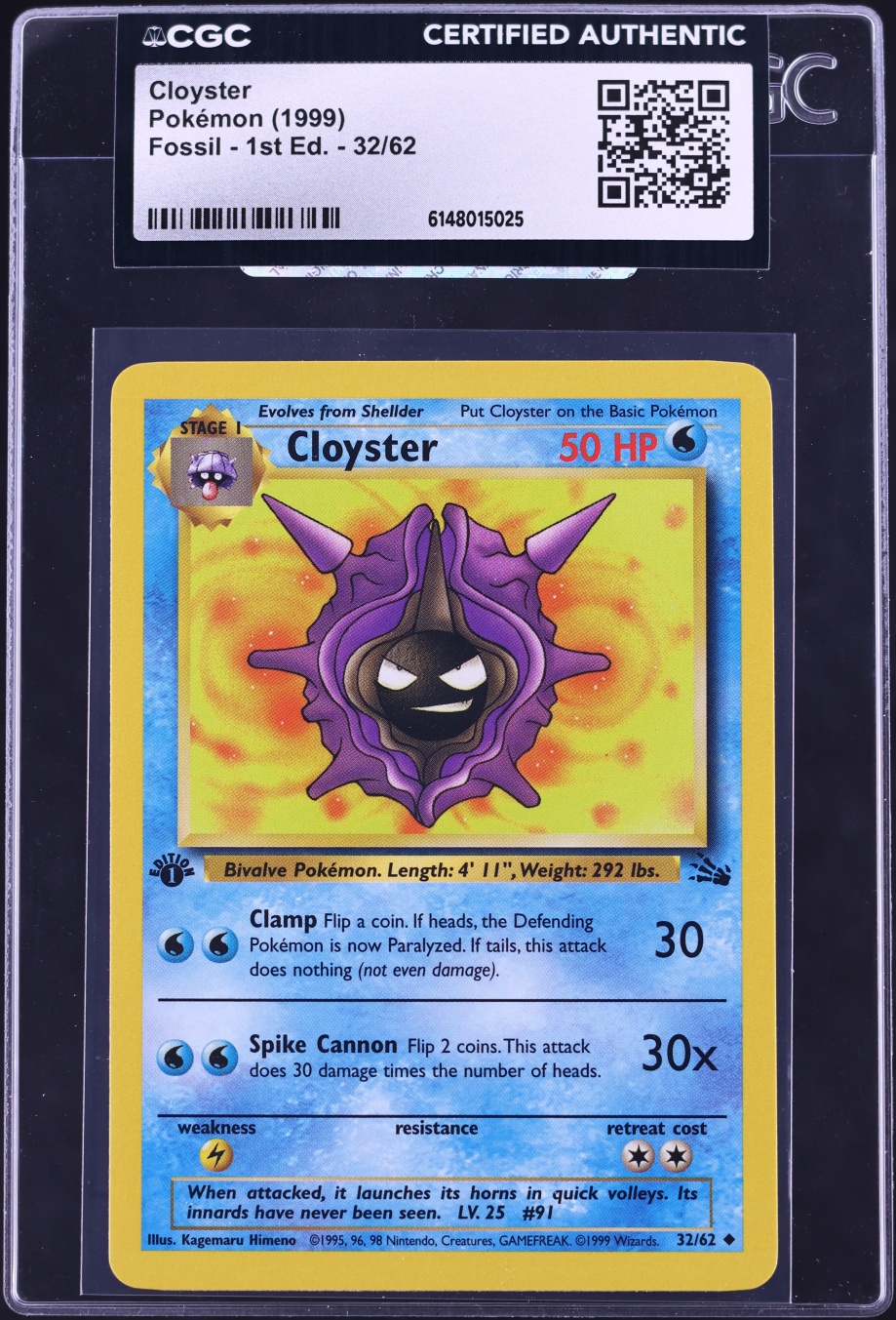 1999 Pokemon Fossil 1st Edition Cloyster #32 CGC AUTH