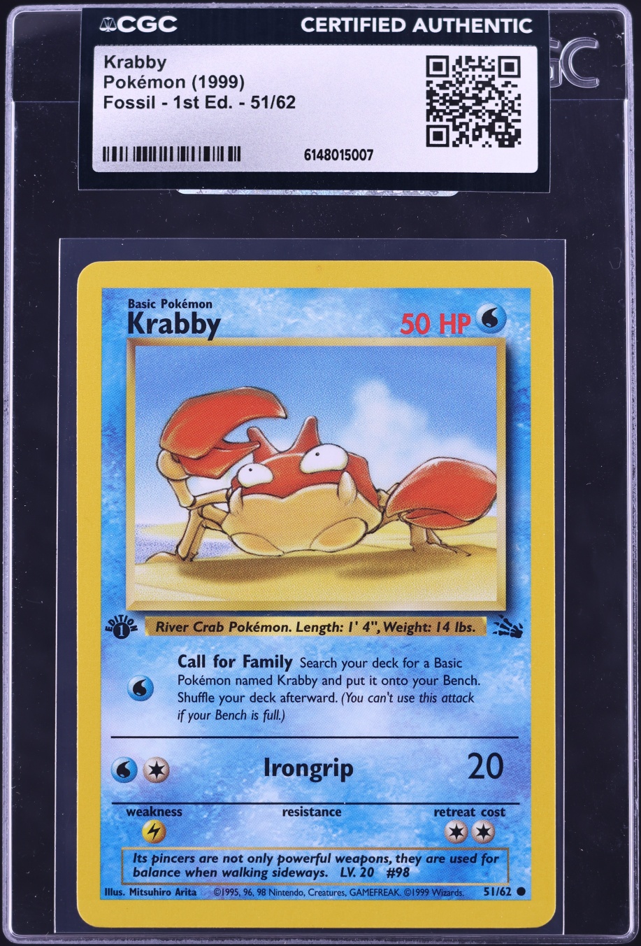 1999 Pokemon Fossil 1st Edition Krabby #51 CGC AUTH