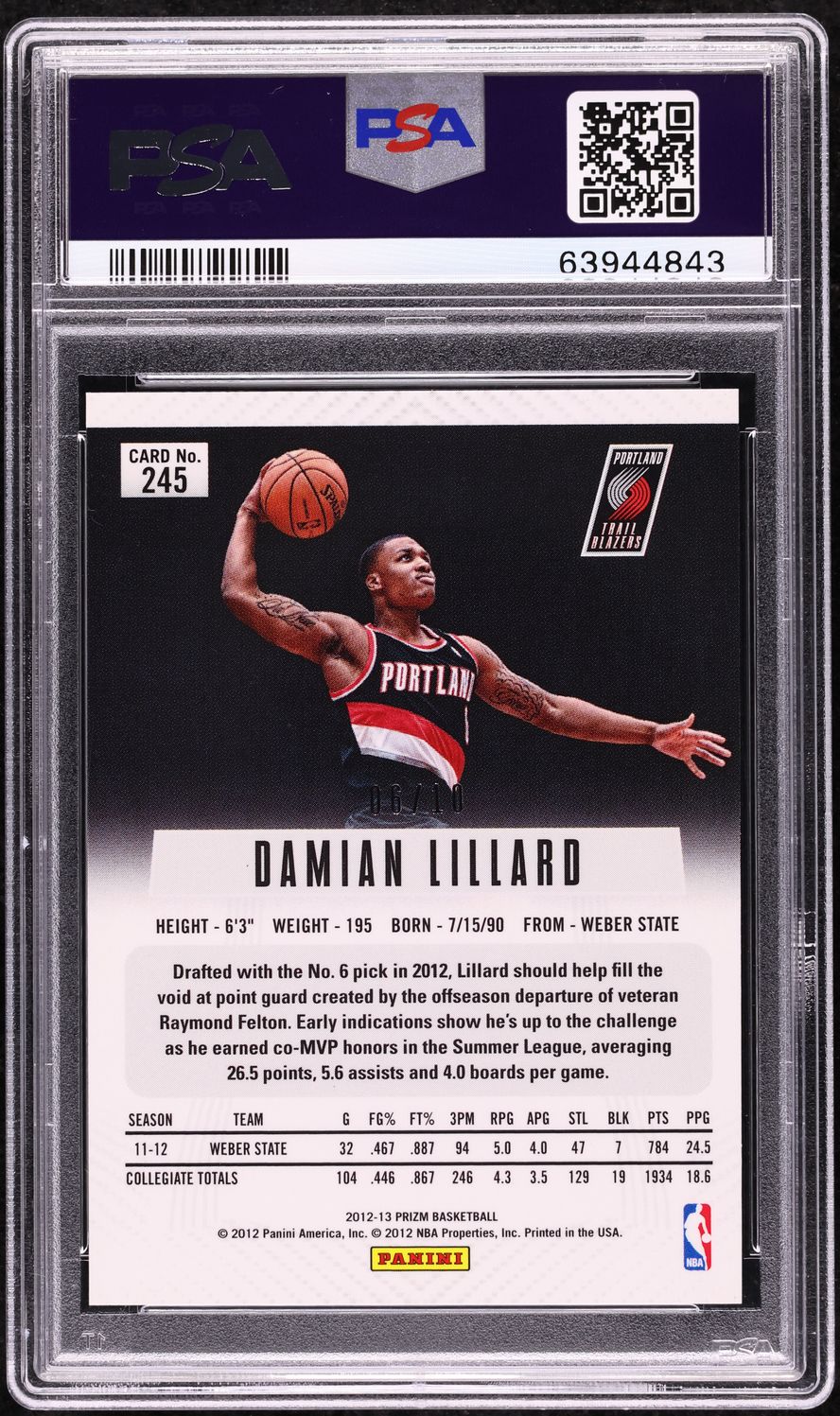 2012 Panini Prizm Gold Damian Lillard ROOKIE /10 #245 PSA 10 GEM MINT