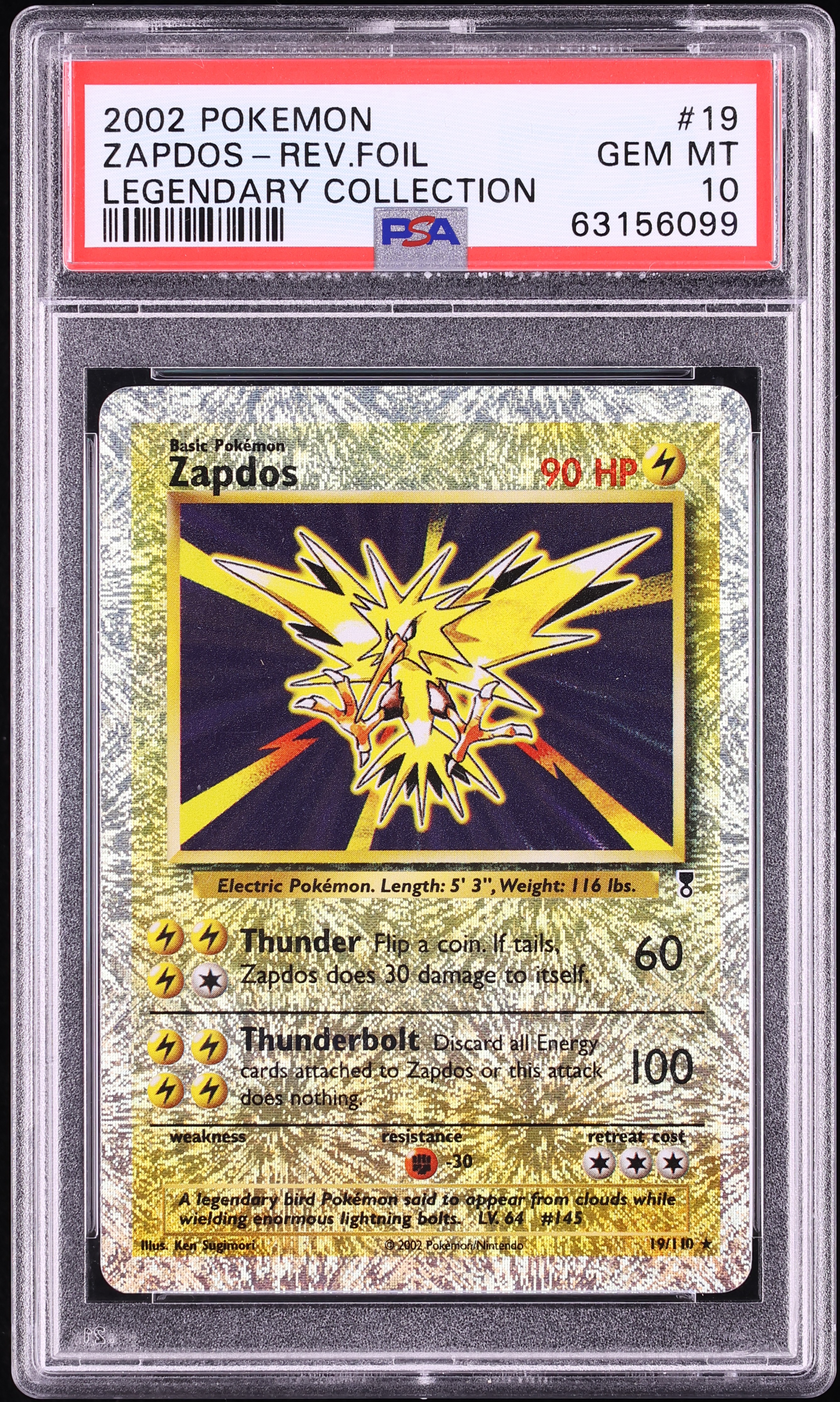2002 Pokemon Legendary Collection Reverse Holo Zapdos #19 PSA 10 GEM MINT