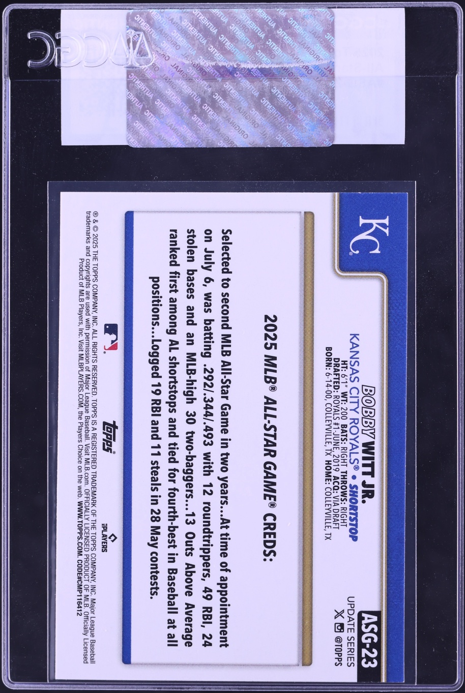2025 Topps Update All-Star Game Bobby Witt Jr. #ASG-23 CGC AUTH