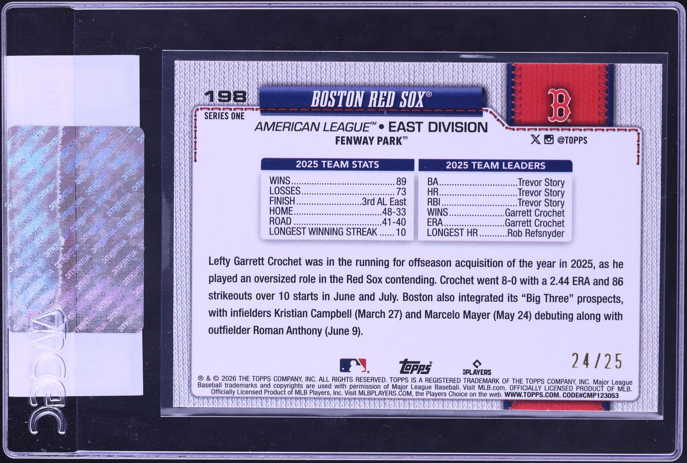 2026 Topps Wood Boston Red Sox /25 #198 CGC AUTH