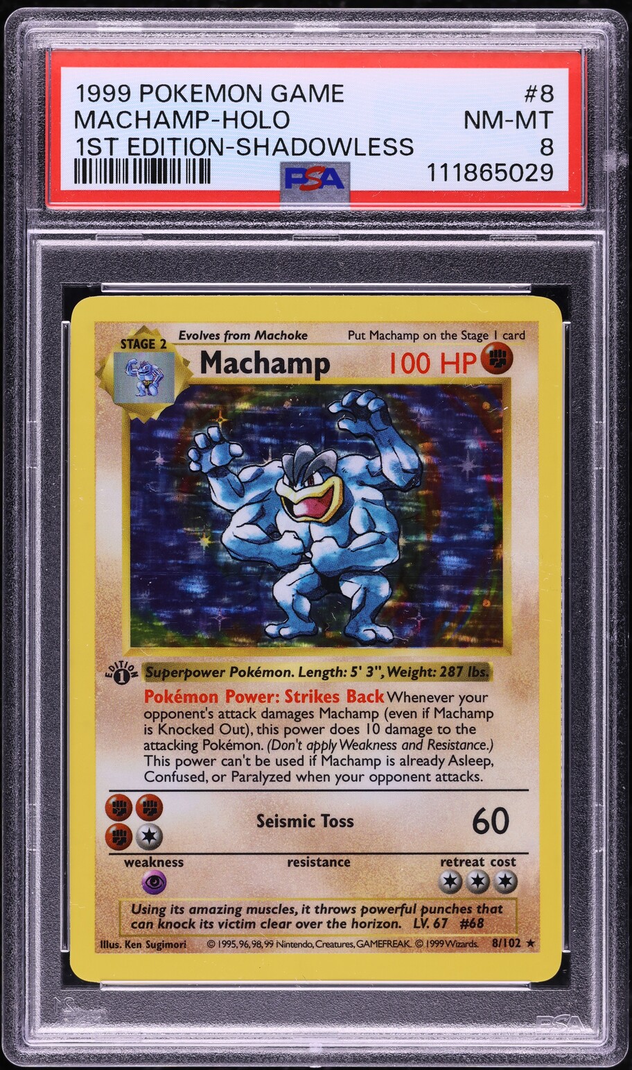 1999 Pokemon Base Set Shadowless 1st Edition Holo Machamp #8 PSA 8 NM-MT
