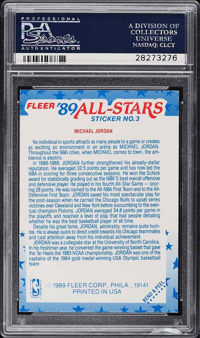 1989 Fleer Sticker Michael Jordan #3 PSA 9 MINT - Photo 2