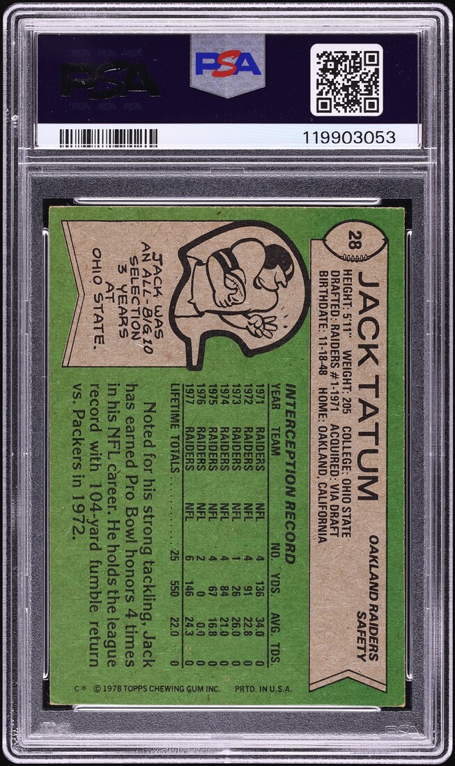 1978 Topps Football Jack Tatum #28 PSA 4 VGEX