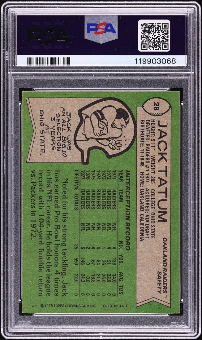 1978 Topps Football Jack Tatum #28 PSA 3 VG