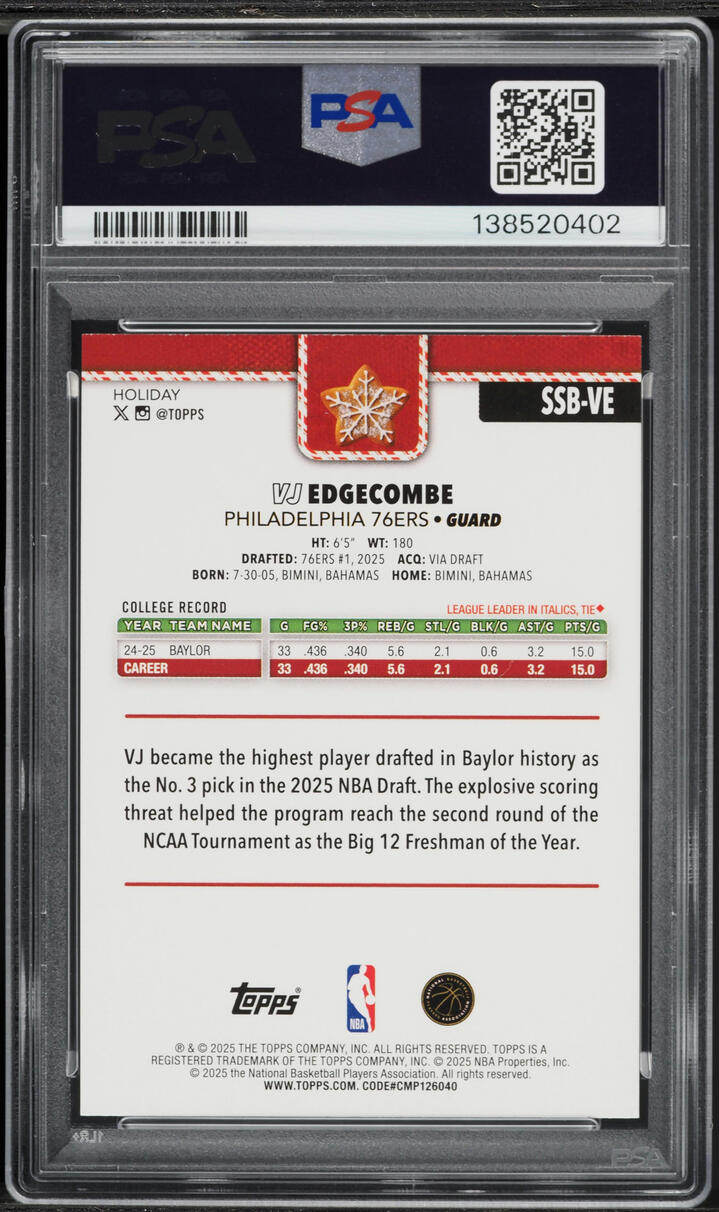 2025 Topps Holiday Backs Variation SSP VJ Edgecombe ROOKIE #SSB-VE PSA 9 MINT