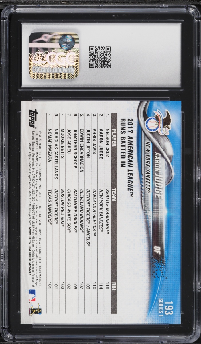 2018 Topps Aaron Judge #193 CGC 10 GEM MINT