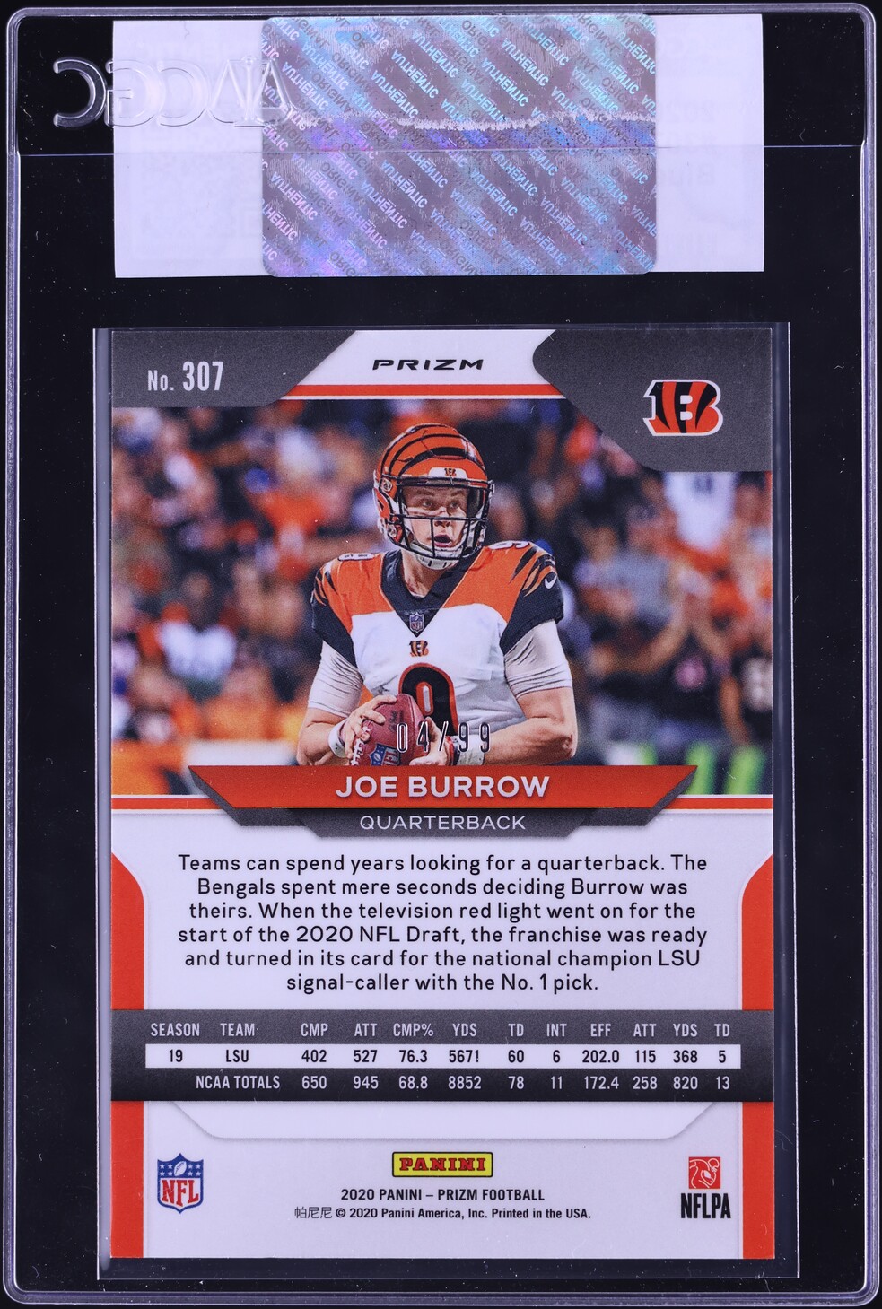 2020 Panini Prizm Blue Ice Joe Burrow ROOKIE /99 #307 CGC AUTH