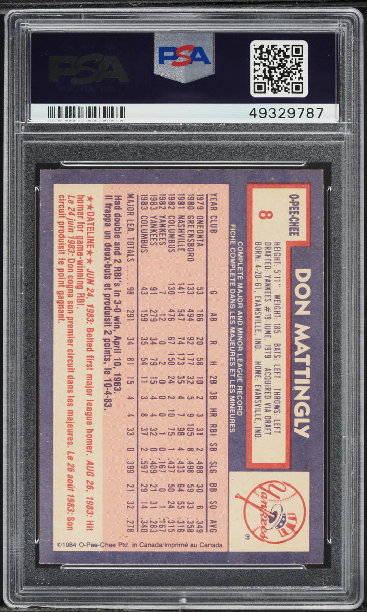 1984 O-Pee-Chee Don Mattingly ROOKIE #8 PSA 9 MINT