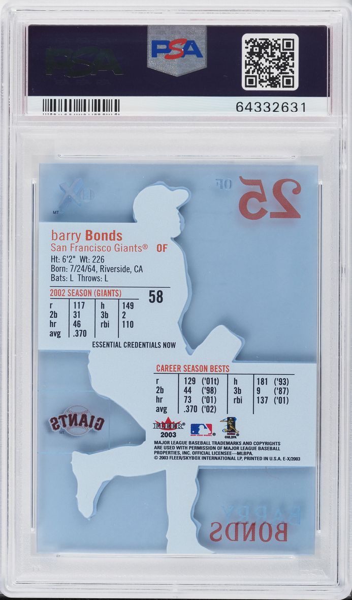 2003 Fleer E-X Essential Credentials Now Barry Bonds /58 #58 PSA 9 MINT - Photo 2