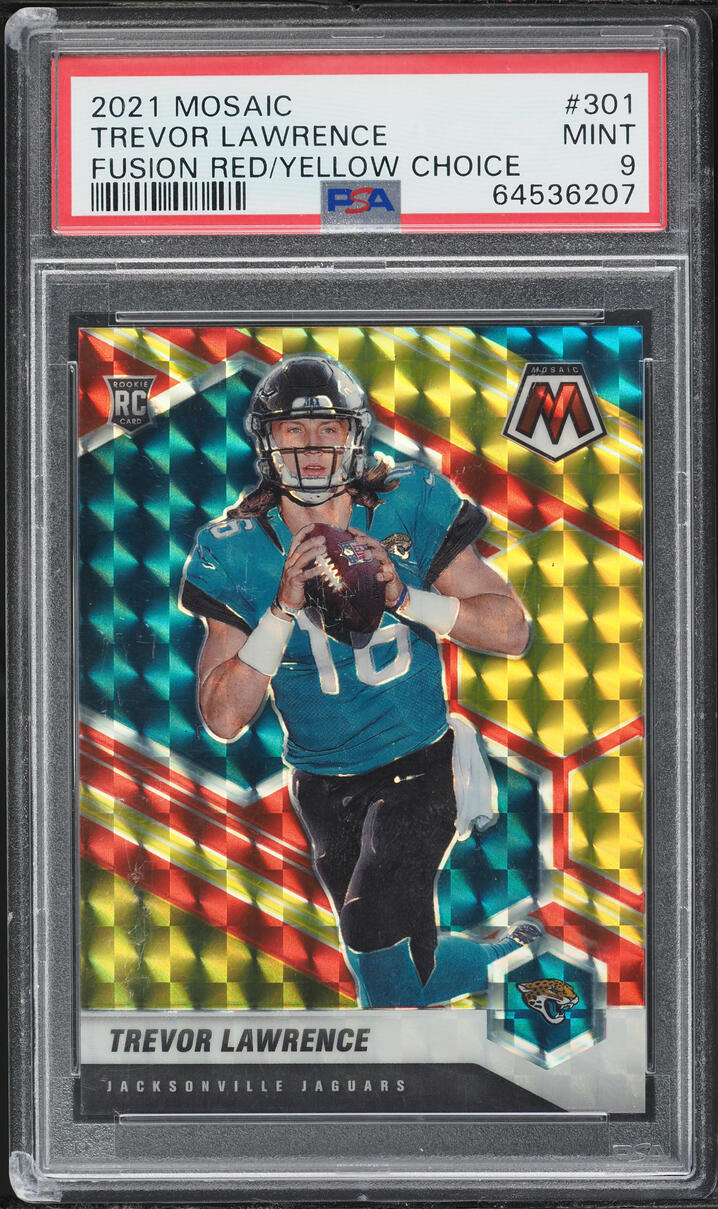 2021 Panini Mosaic Fusion Red Yellow Choice Trevor Lawrence ROOKIE /80 #301 PSA 9 MINT