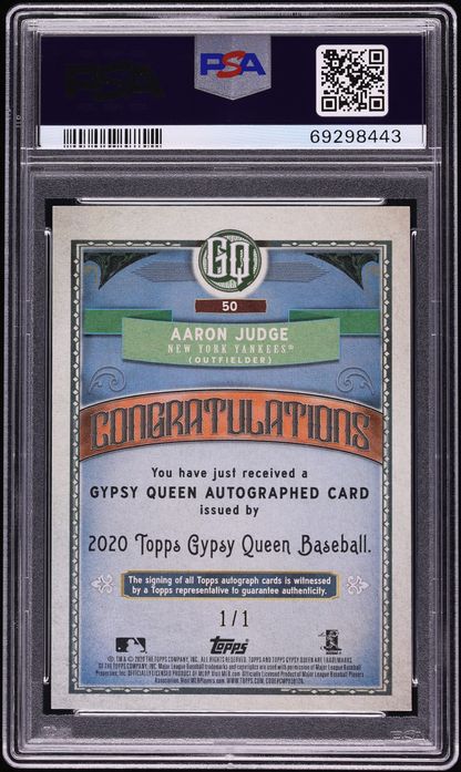 2020 Topps Chrome Gypsy Queen Box Toppers Superfractor Aaron Judge AUTO DNA 9 1/1 #50 PSA 10